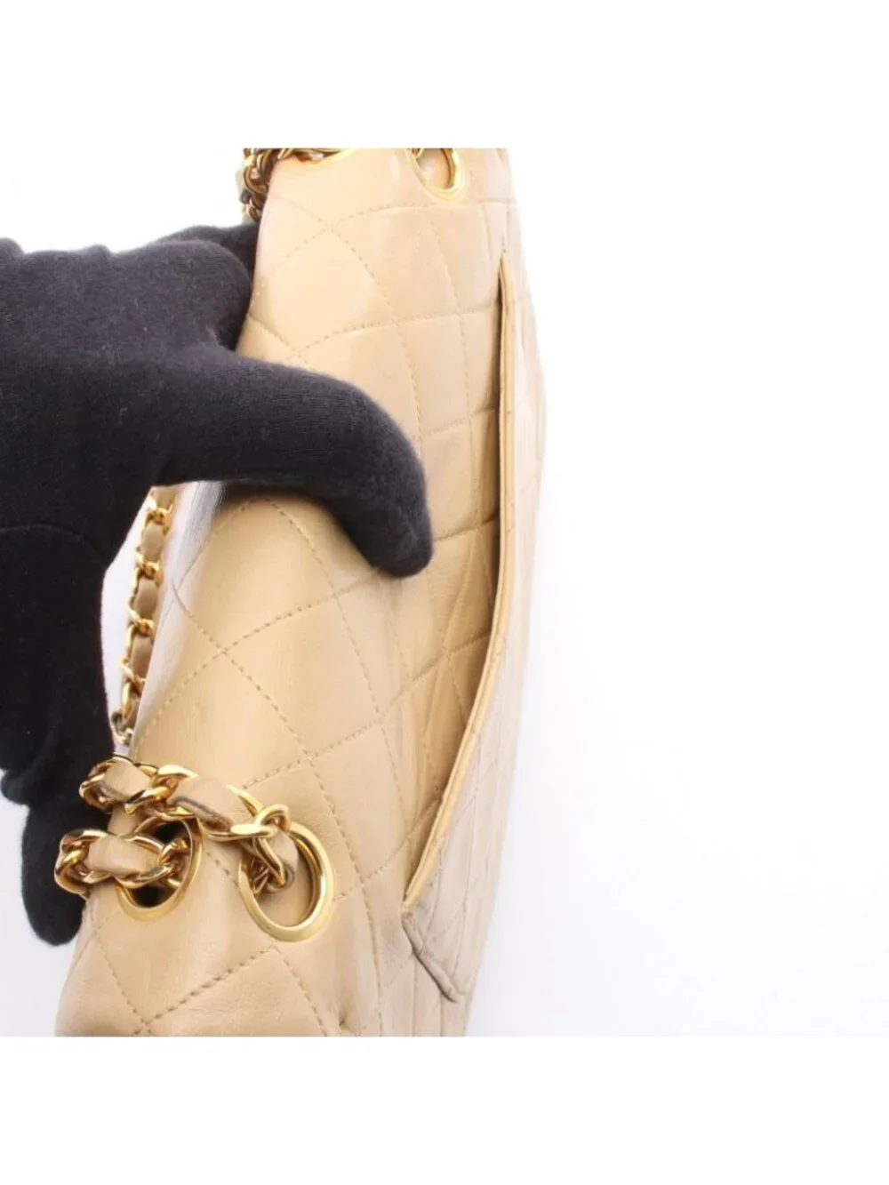 Chanel Shoulder Bag Quilted Double Flap Beige Lambskin Chain